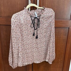 Mango Pink Floral Tie-Neck Blouse with Black Tassels